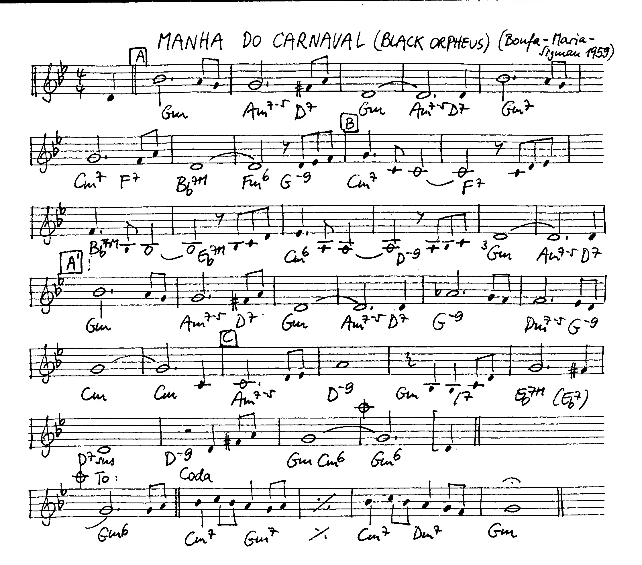 manha do carnaval (black orpheus). Free Jazz Leadsheet, courtesy of The Jungle Jazz Band